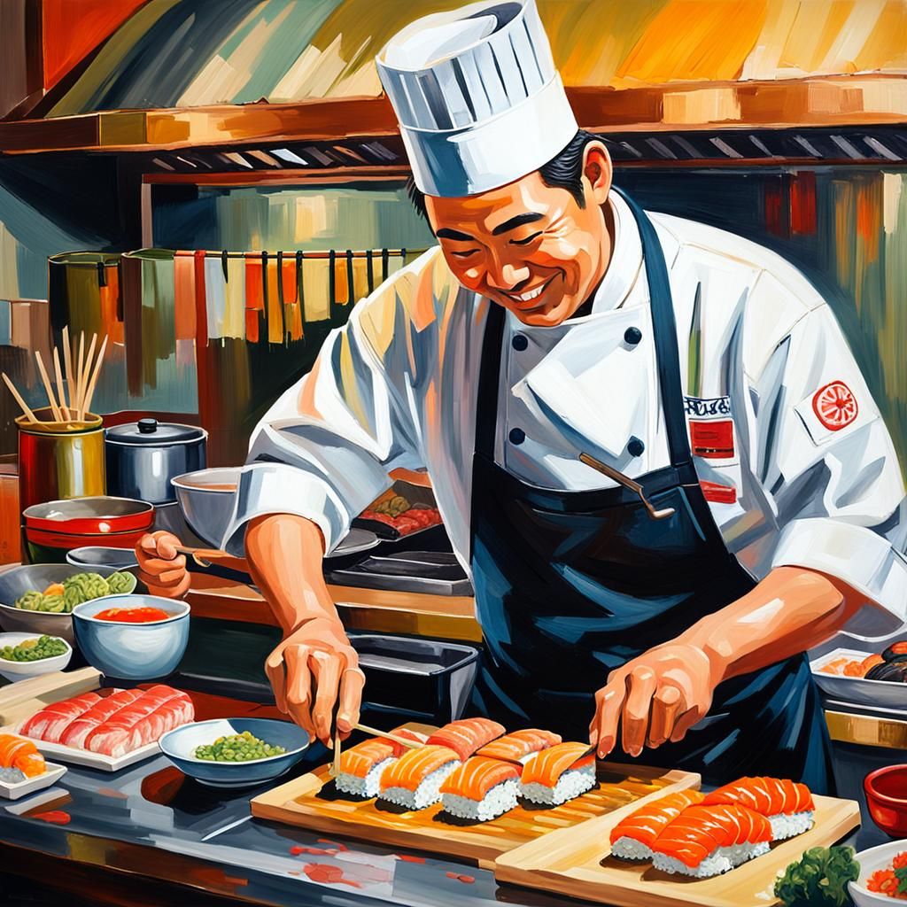 Smiling Sushi Chef in Ukiyo-e Style Painting
