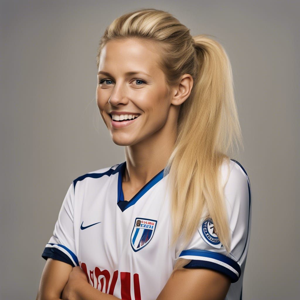 Smiling Soccer Player Portrait with Blond Ponytail