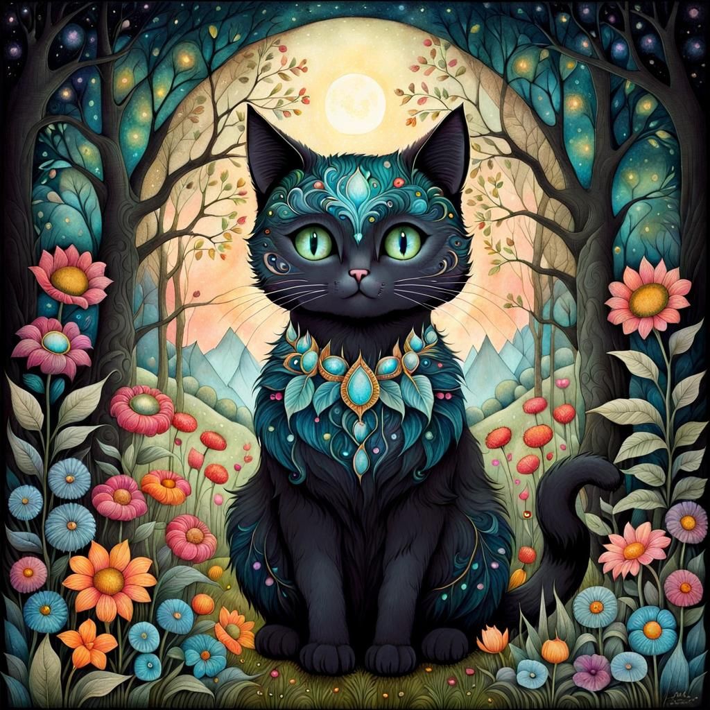 Dreamlike Cat in Fantasy Garden Drawing