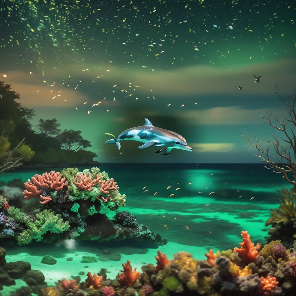Glowing Coral Reefs and Leaping Dolphin at Night