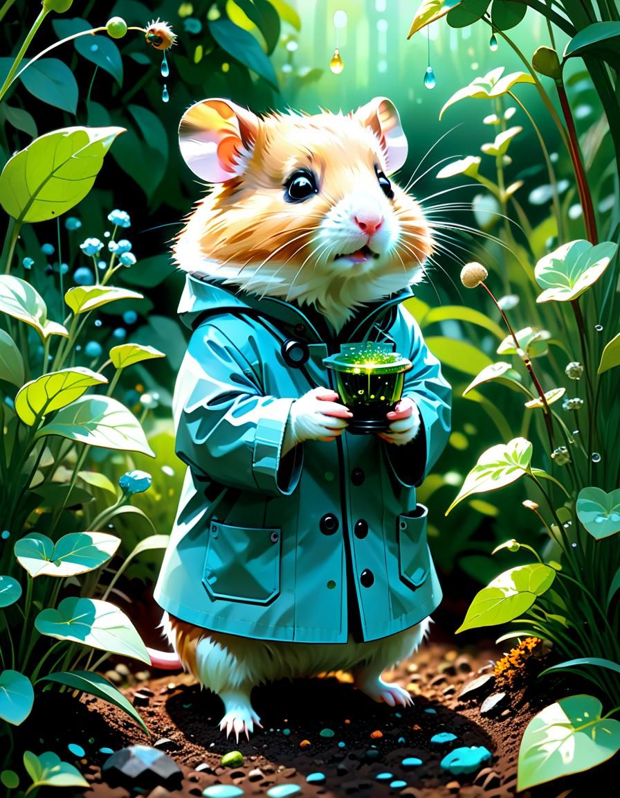 Adorable Hamster Scientist in Garden Digital Painting
