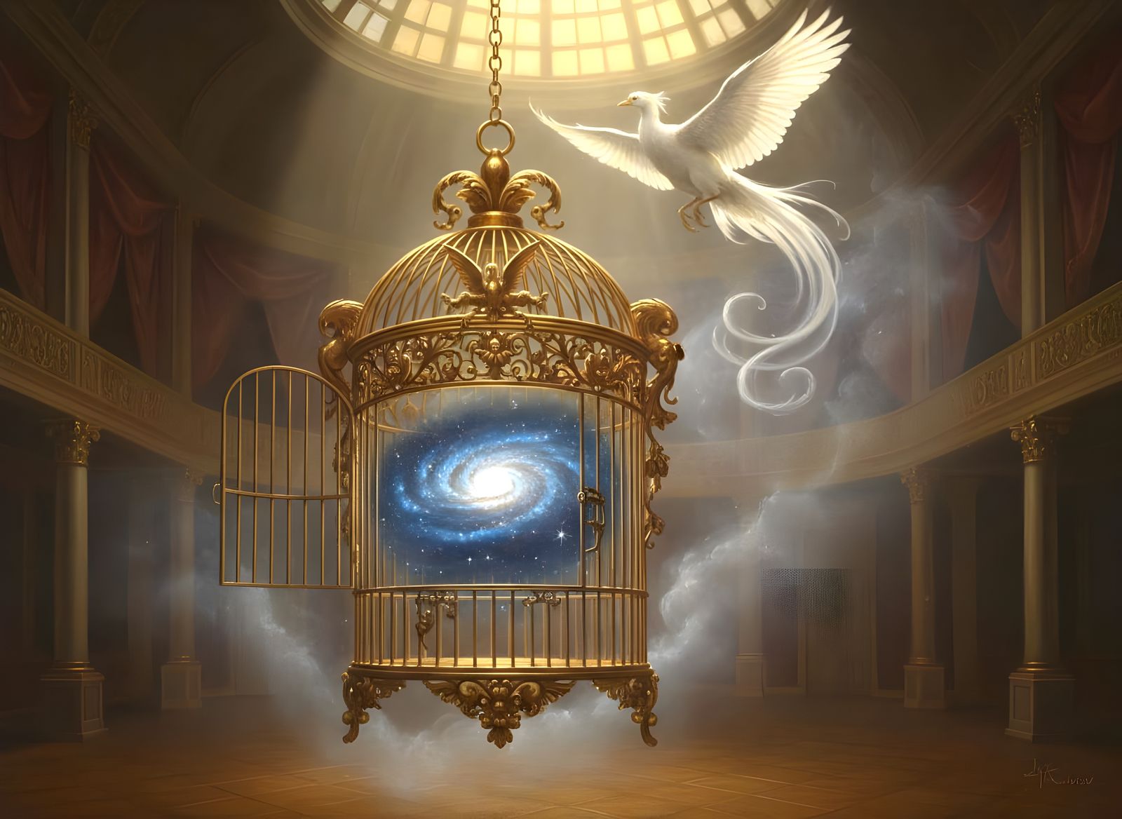 Majestic Bird Escapes Golden Cage into Galactic Ballroom