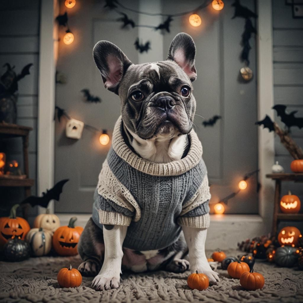 French Bulldog in Halloween Decor: Cinematic Film Still