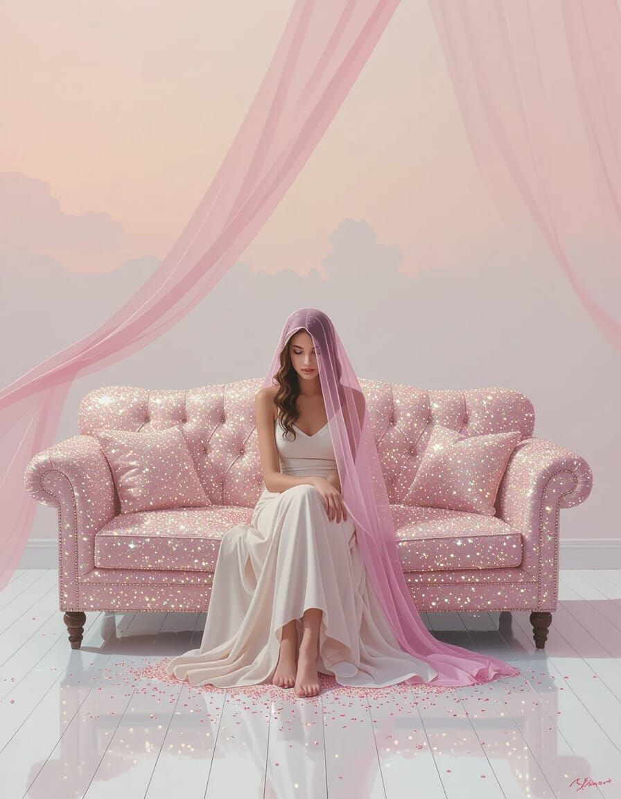 Melancholy Woman on Sofa of Dreams in Twilight
