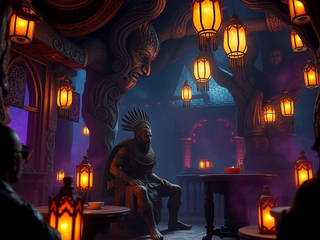 Māori Warrior in Mystical Night Cafe: Digital Art