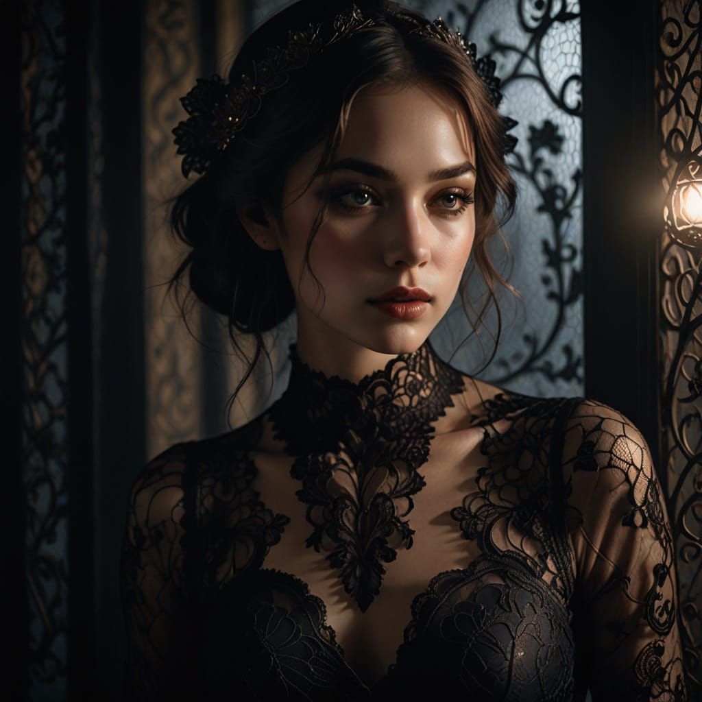 Sensual Woman in Shimmering Black Lace
