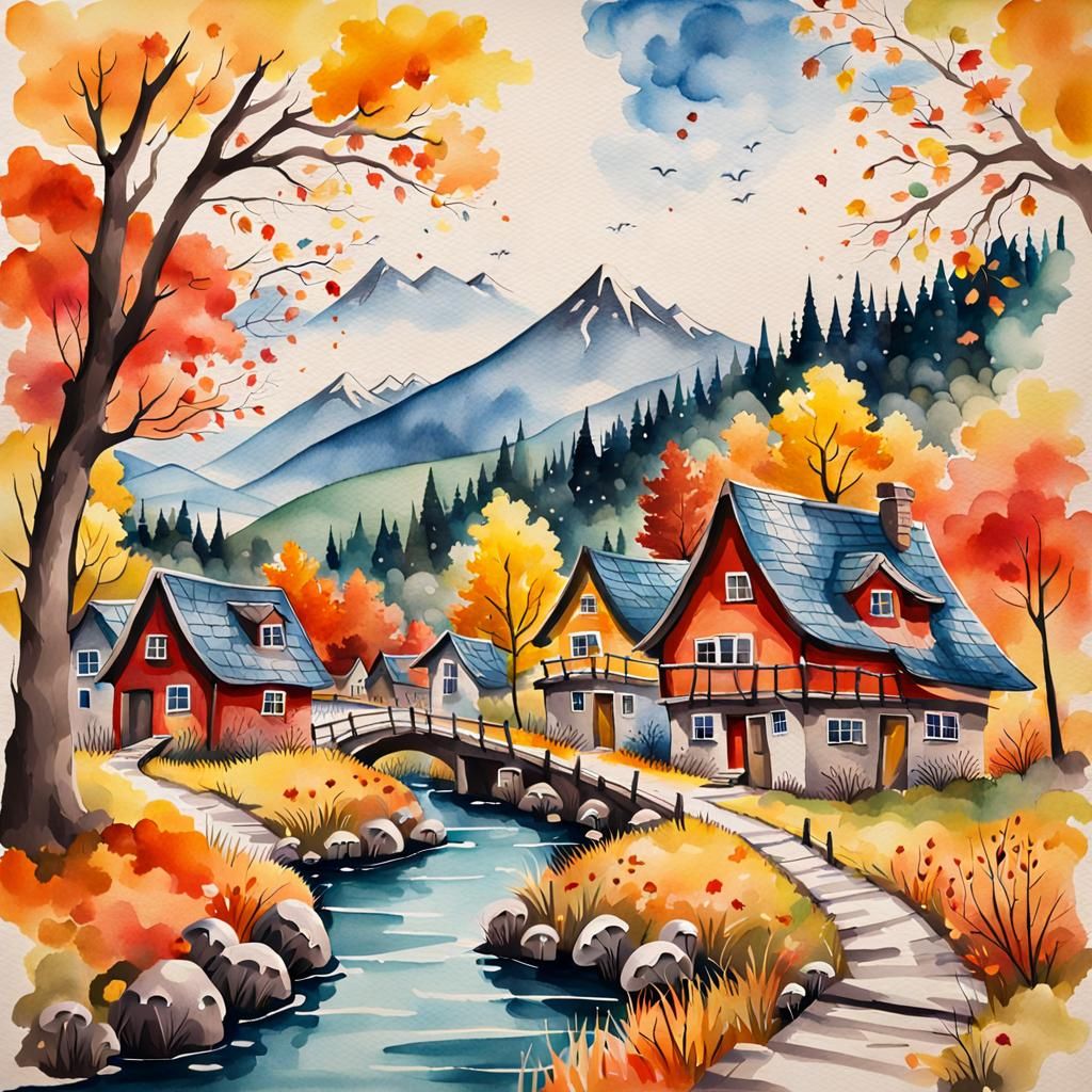 Autumn Village: Vibrant Watercolor Street Art