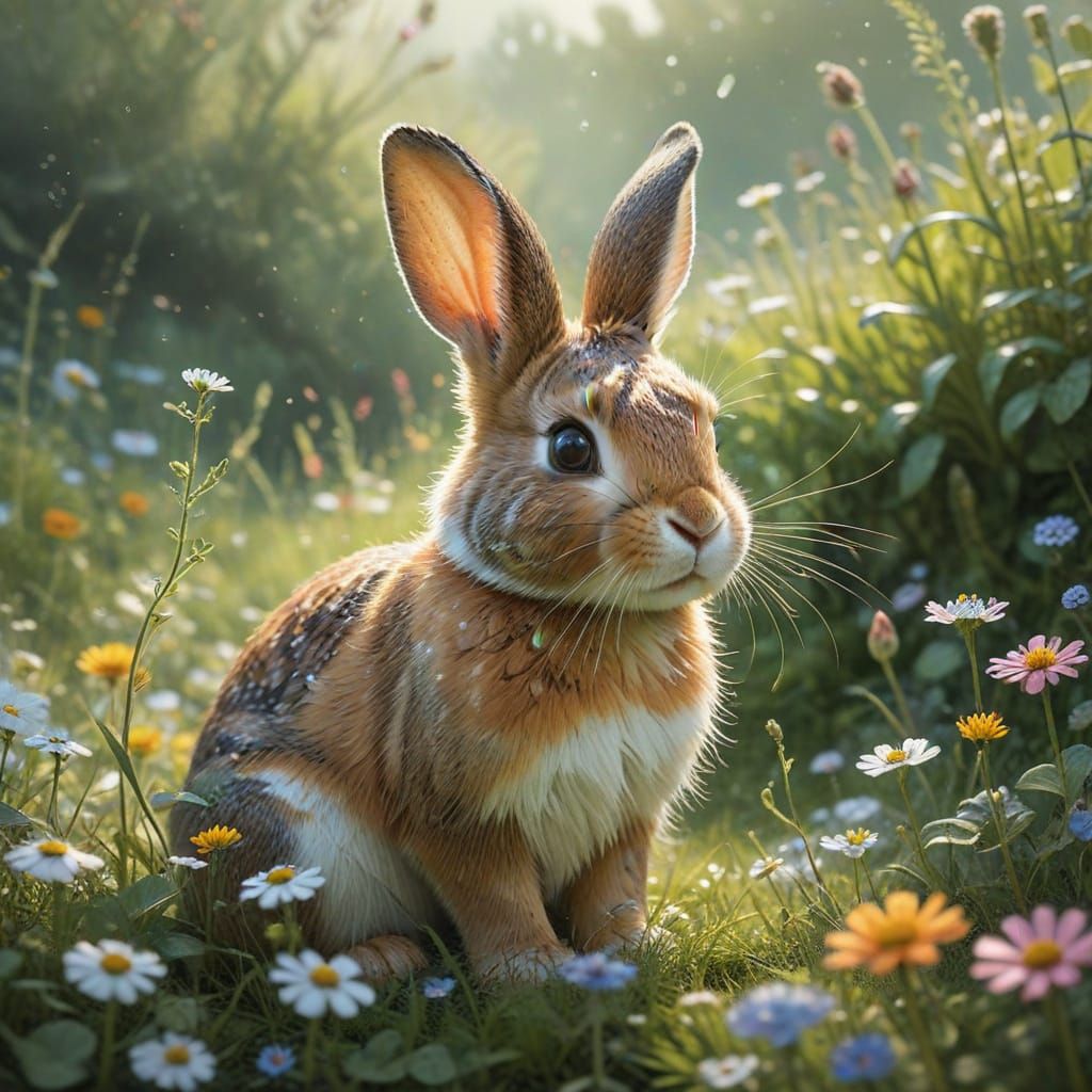 Whimsical Bunny in a Vibrant Wildflower Meadow