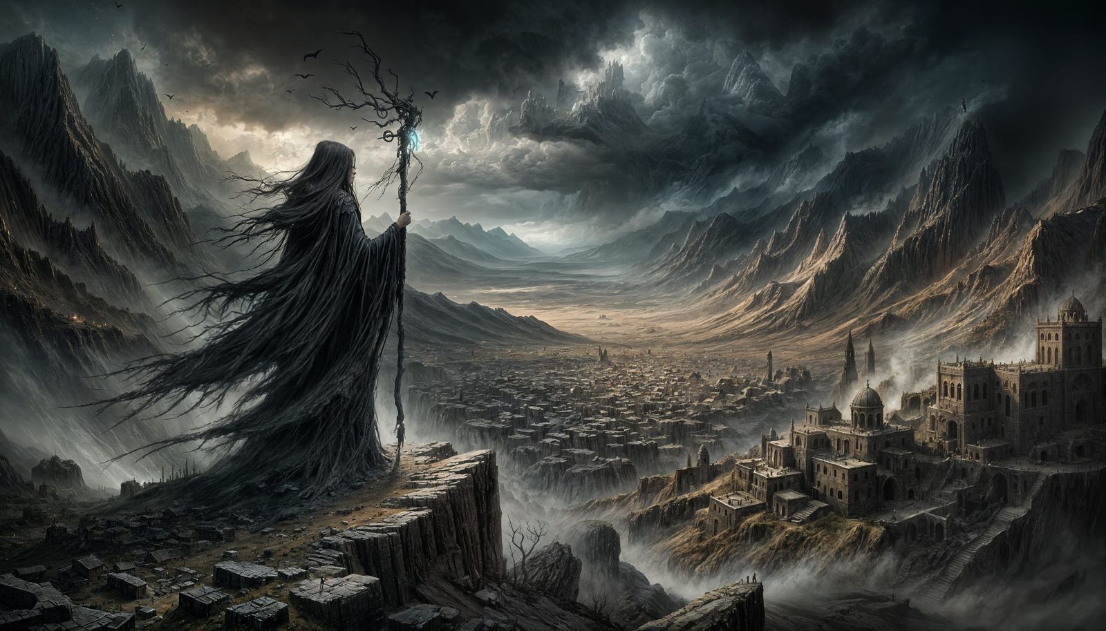 Dark Fantasy Witch on Cliff Overlooking Village