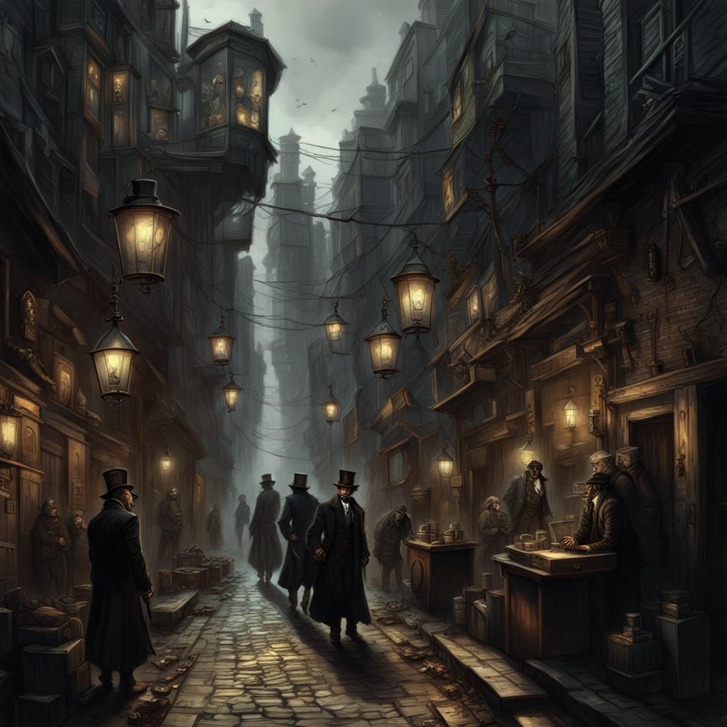 Steampunk Alley Black Market Scene in Doré Style