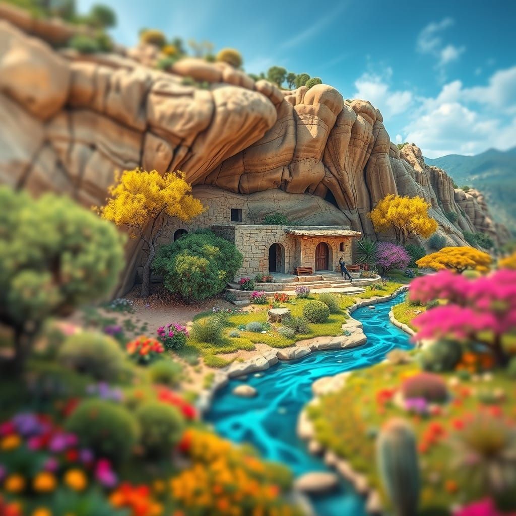 Inca Stone House on Desert Cliff With Vibrant Flora