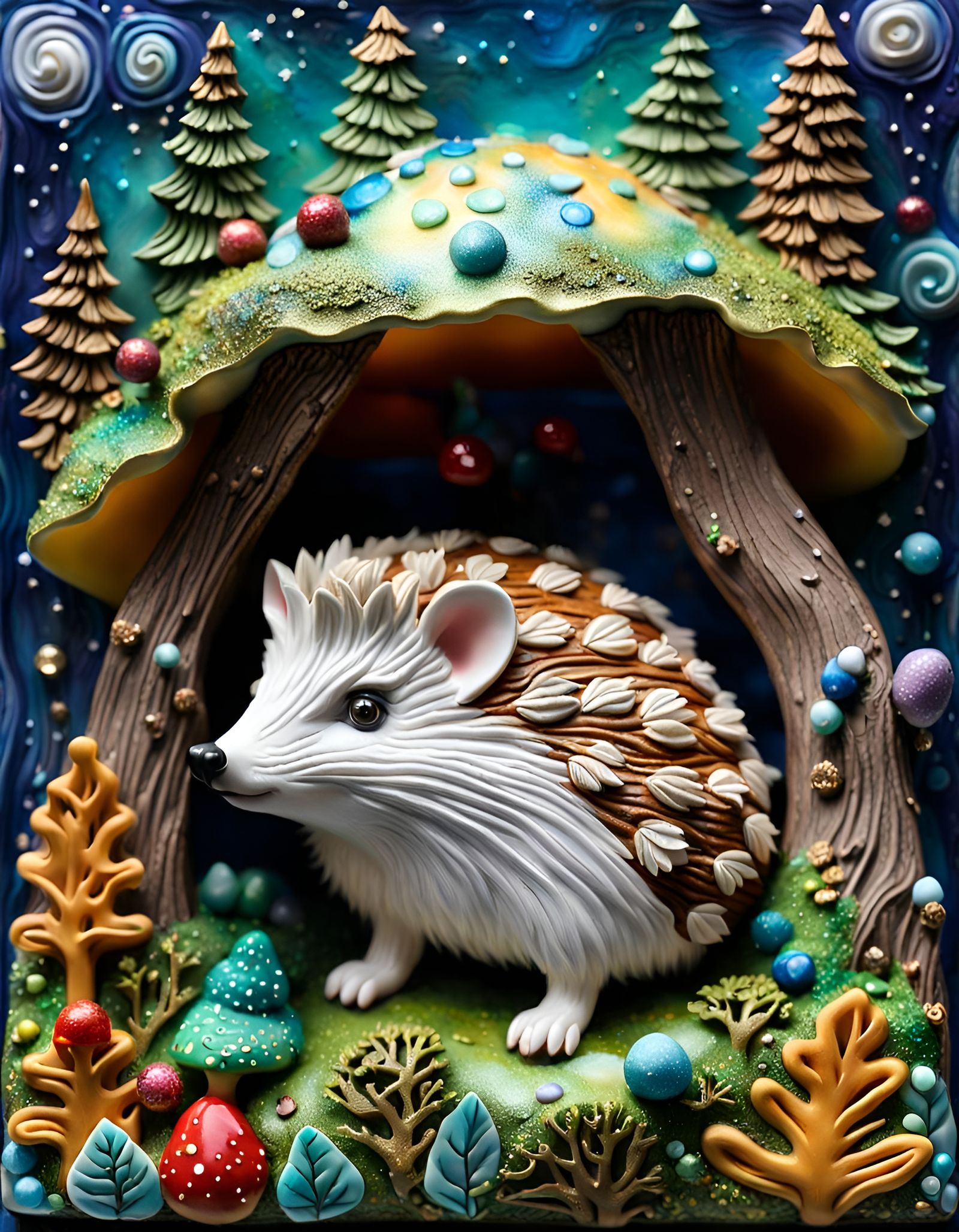 Hedgehog in Fairy Forest: Enamel and Clay Relief