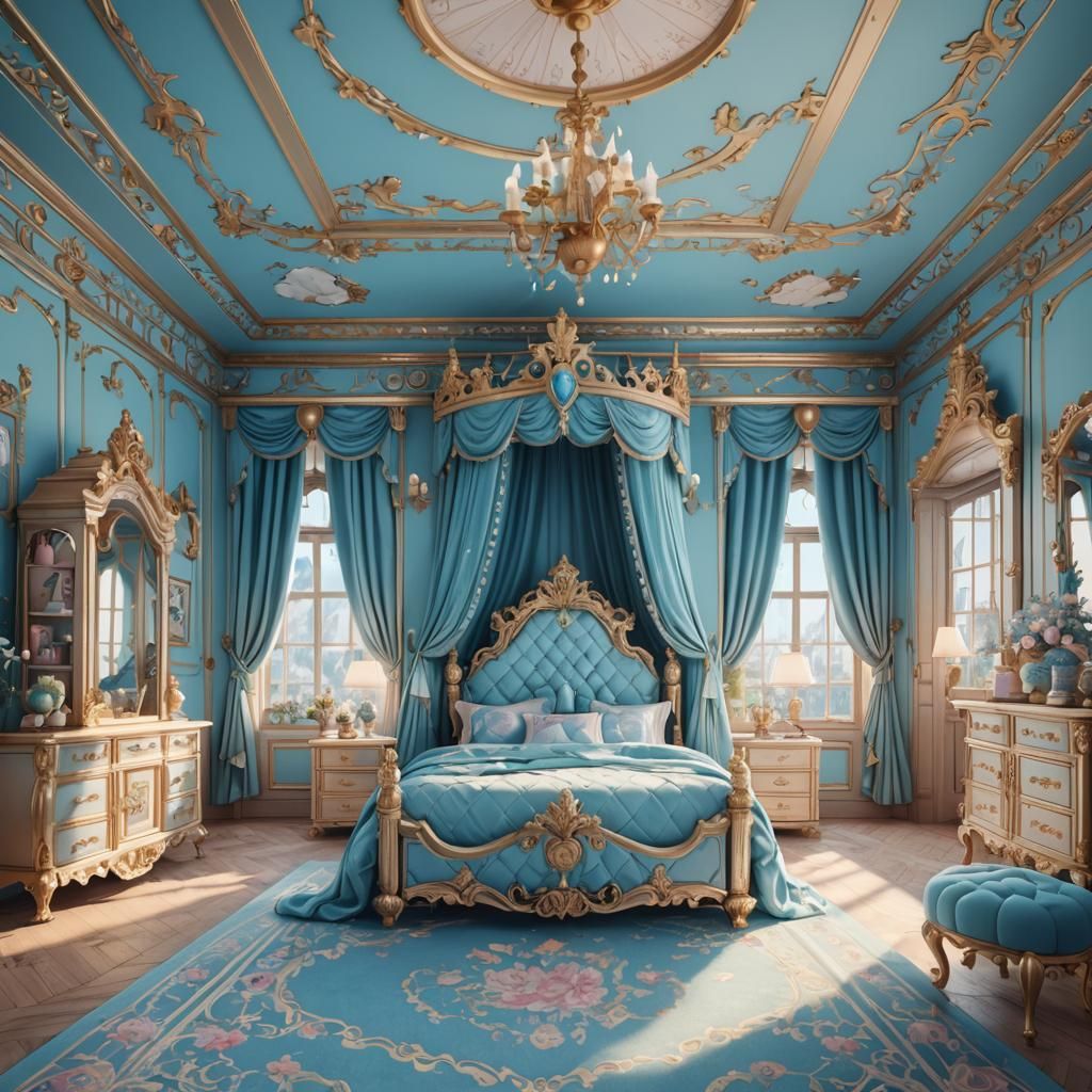 princess palace bedroom, kawaii cartoon pastel blue