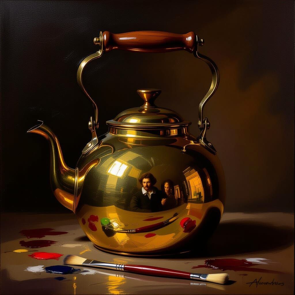 Oil Portrait of a Kettle Reflecting an Artist, in Van Dyck S...