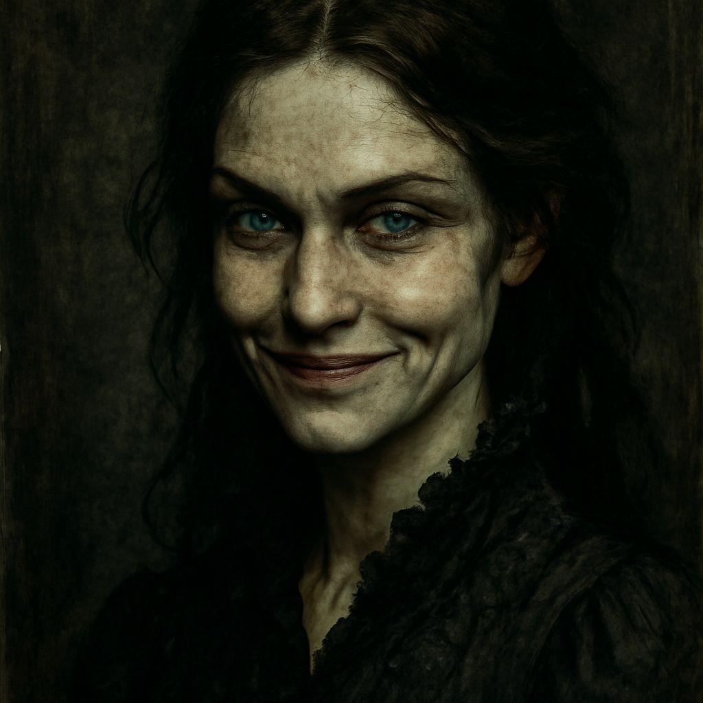 Blue-Eyed Woman with Knowing Smirk