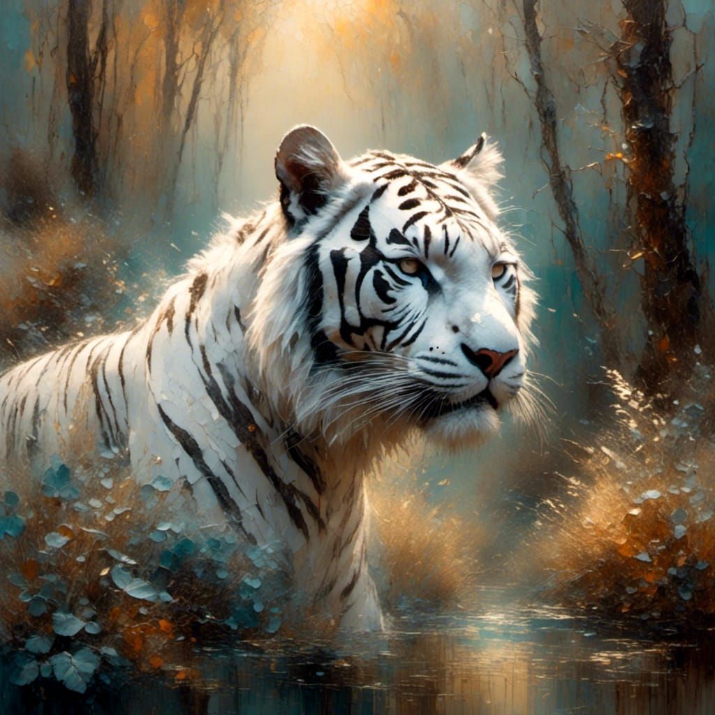 White Tiger in Misty Forest as Impasto Oil Painting