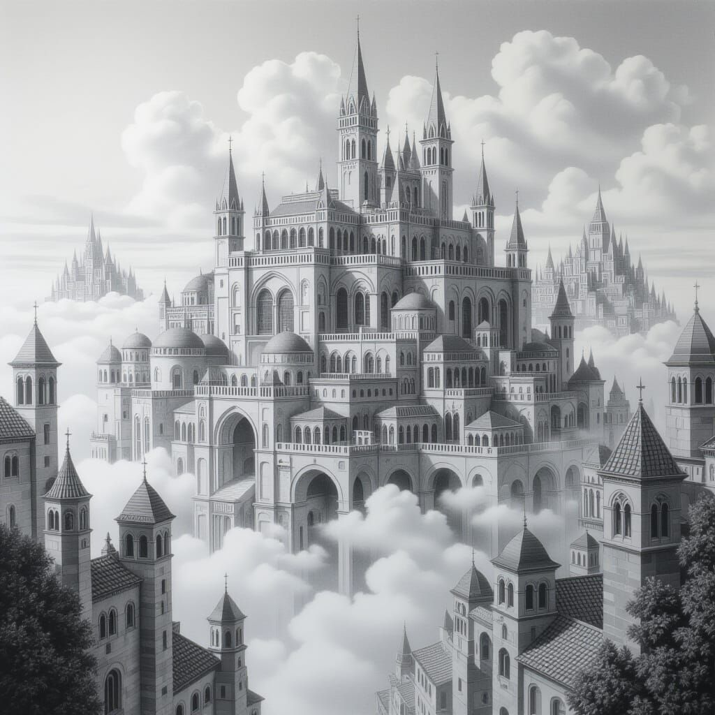 Monochrome Graphite Drawing of a Magical City