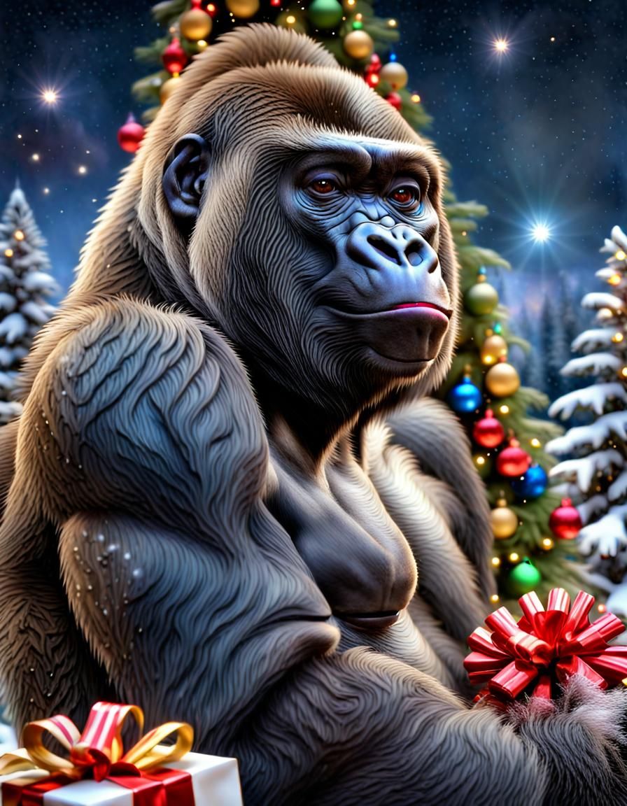 Majestic Christmas Gorilla in a Rainforest Fantasy