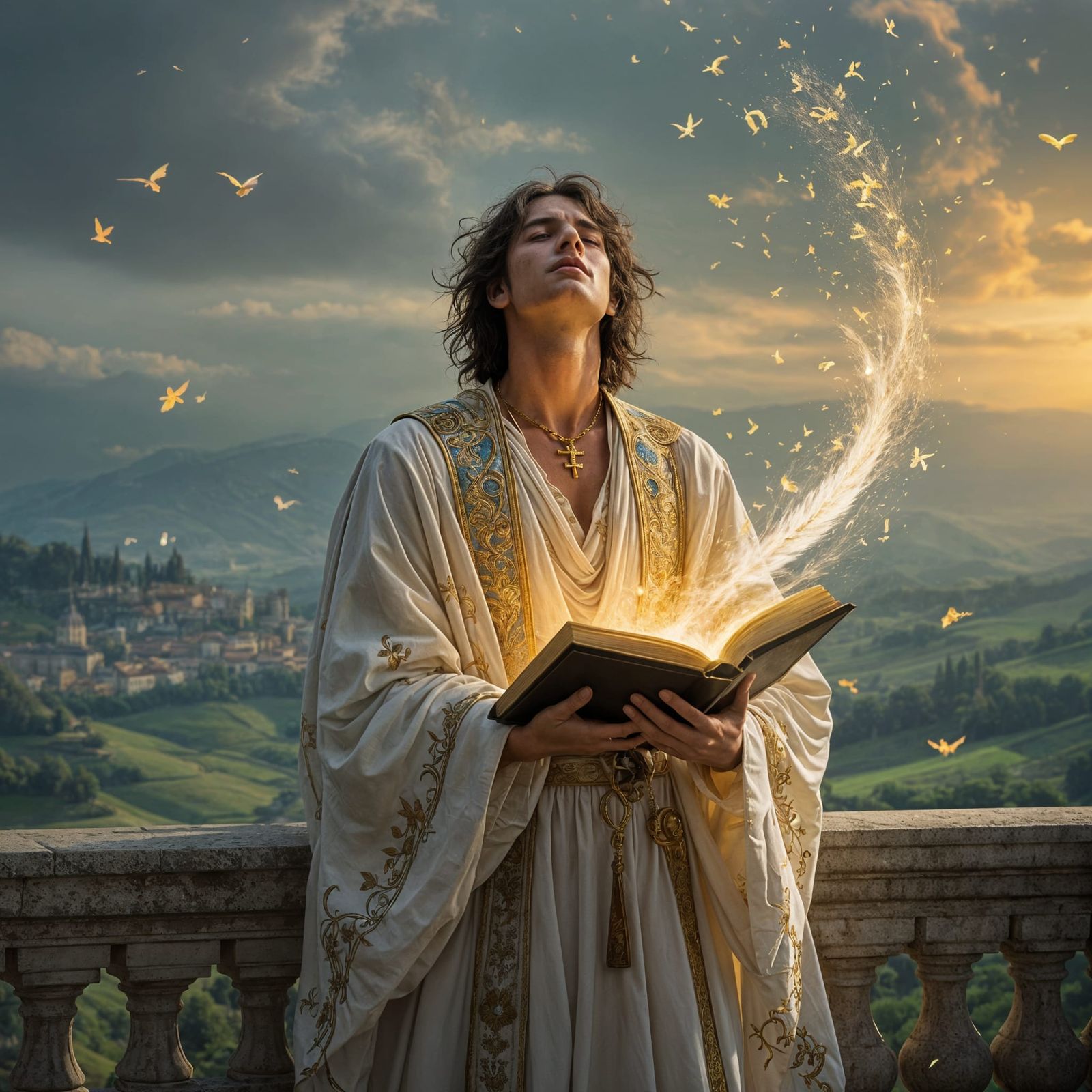 Divine Bard in Medieval Italian Landscape