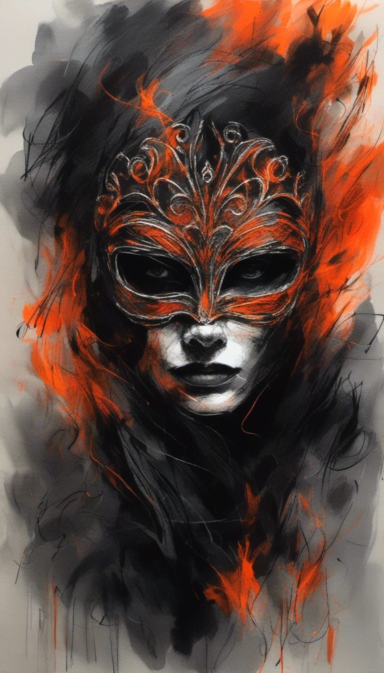 Woman with Fire Mask in Gouache and Charcoal