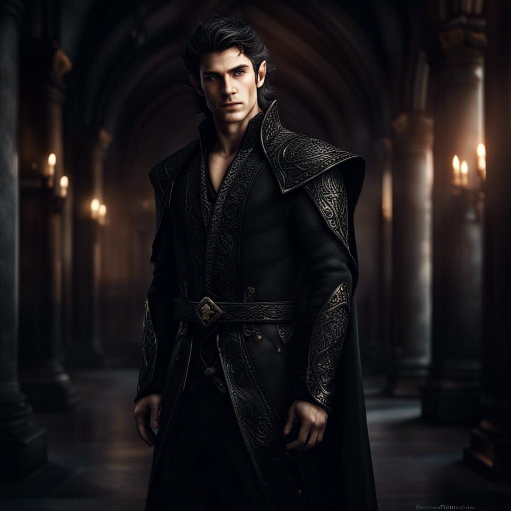 Handsome Elf with Dark Hair in Black Clothes