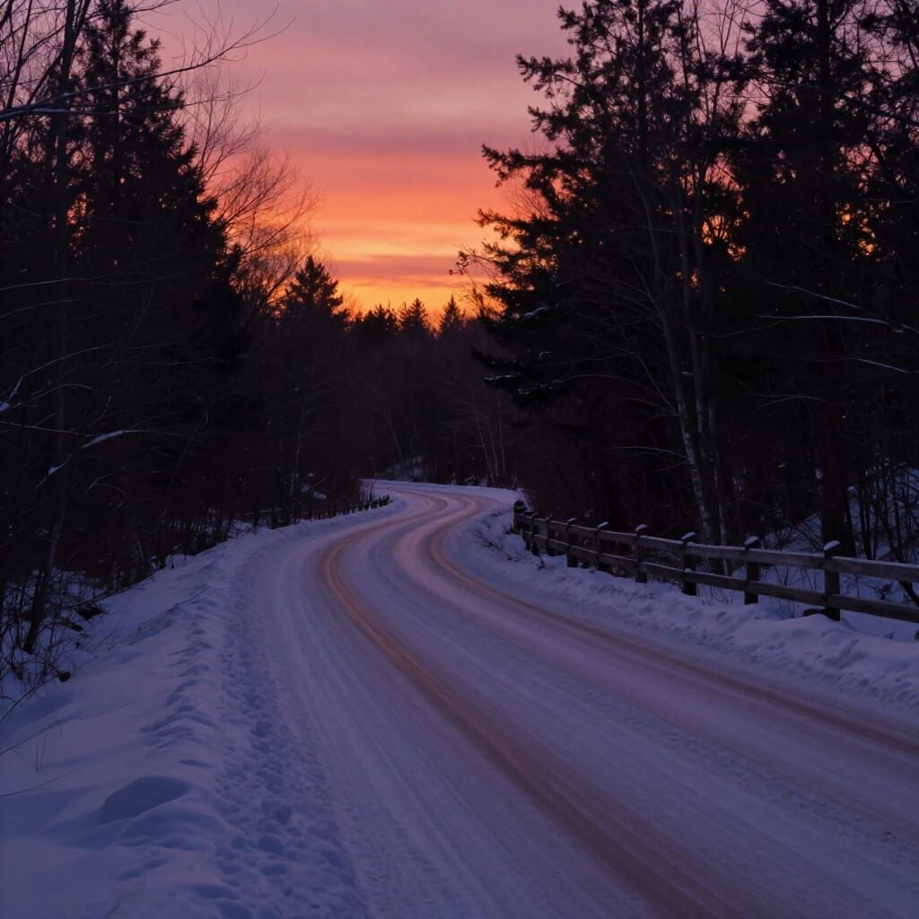 Snowy Forest Road at Sunset in Painterly Style