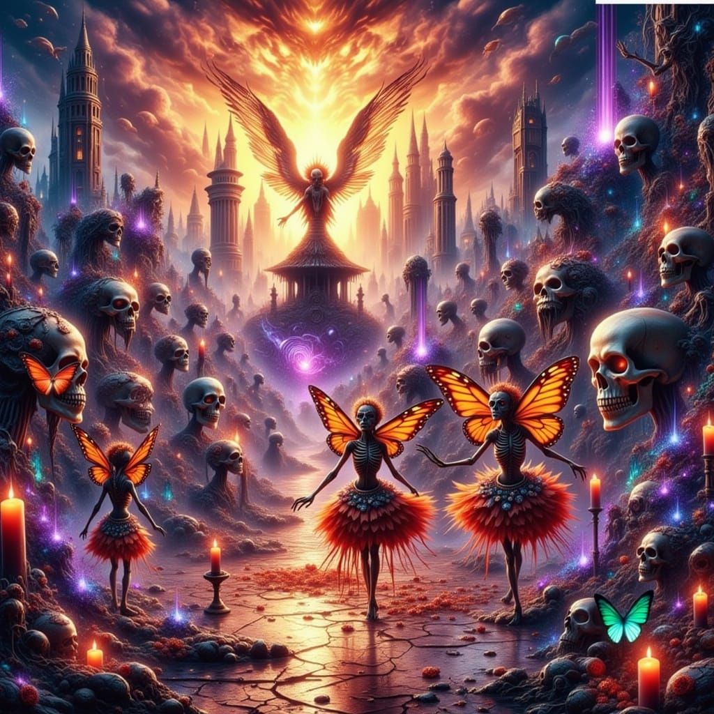 Baroque Cyberpunk City in Ruins with Colossal Ofrenda