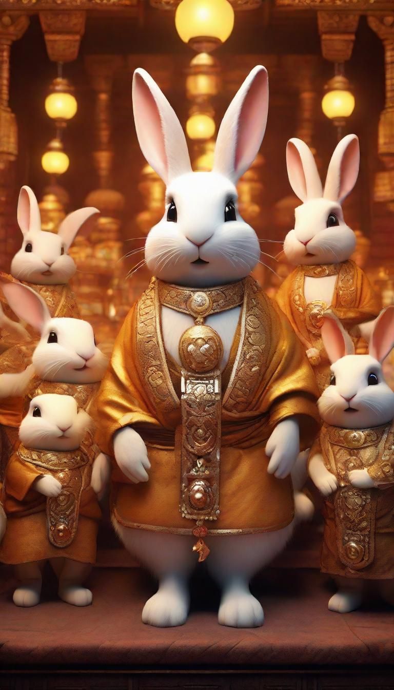 Legendary Rabbit Men Celebrate on Temple Stage: 3D Render