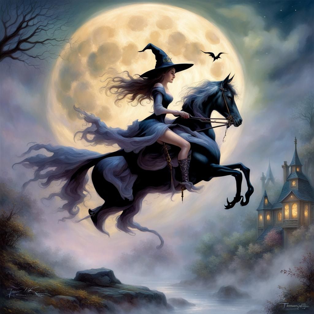 Ethereal Witch Rides Against Moon, Fantasy Art