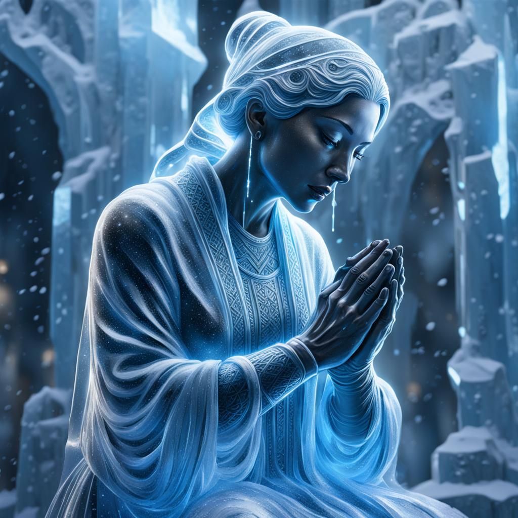 Woman Praying: Stunning Ice Sculpture in Blue Light