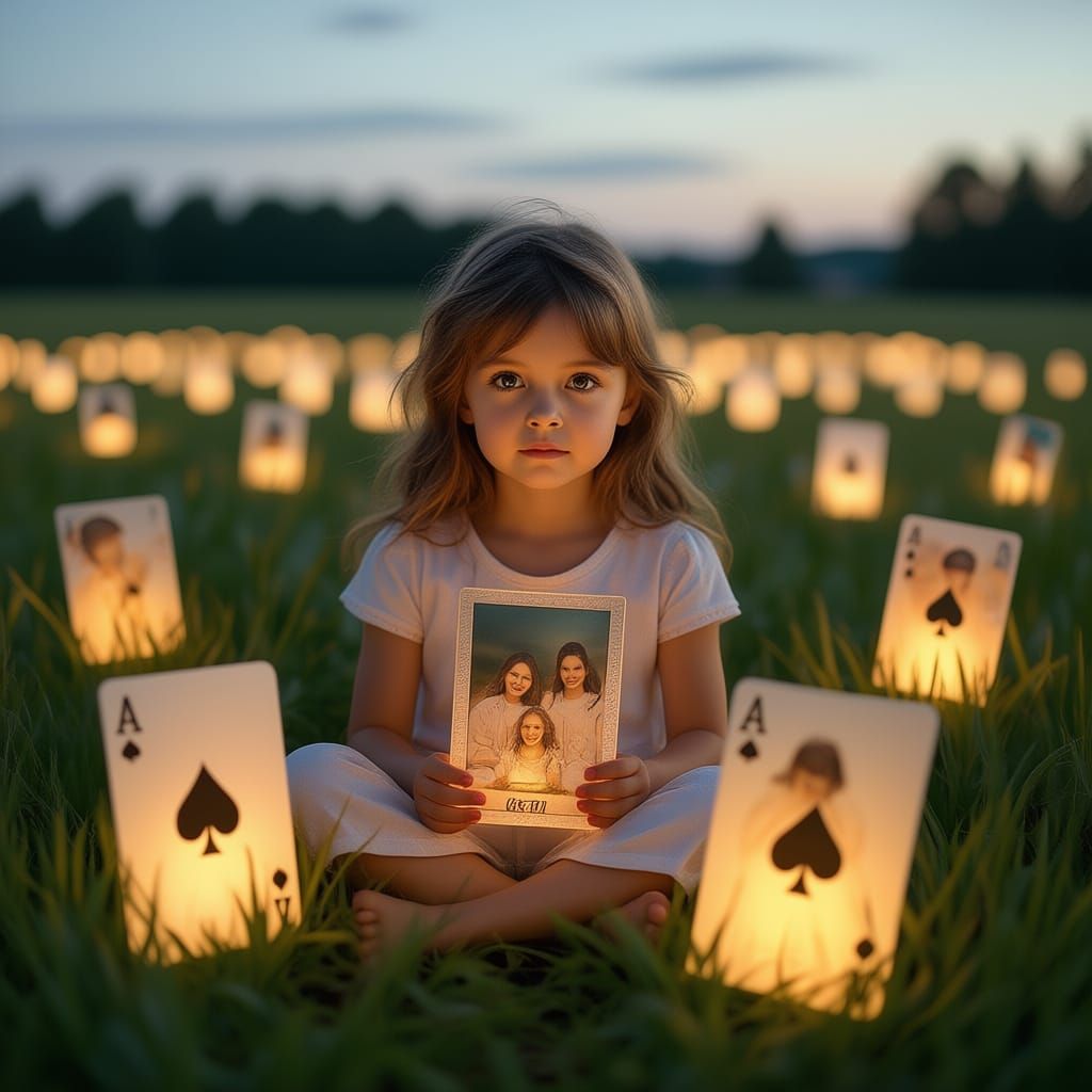 Girl Among Giant Memory Cards in Dreamlike Polaroid Style