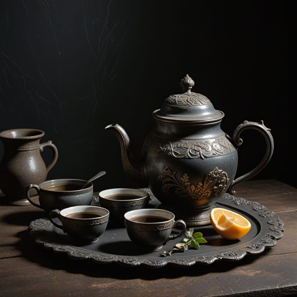 Antique Pewter Teapot on Oak Table Still Life