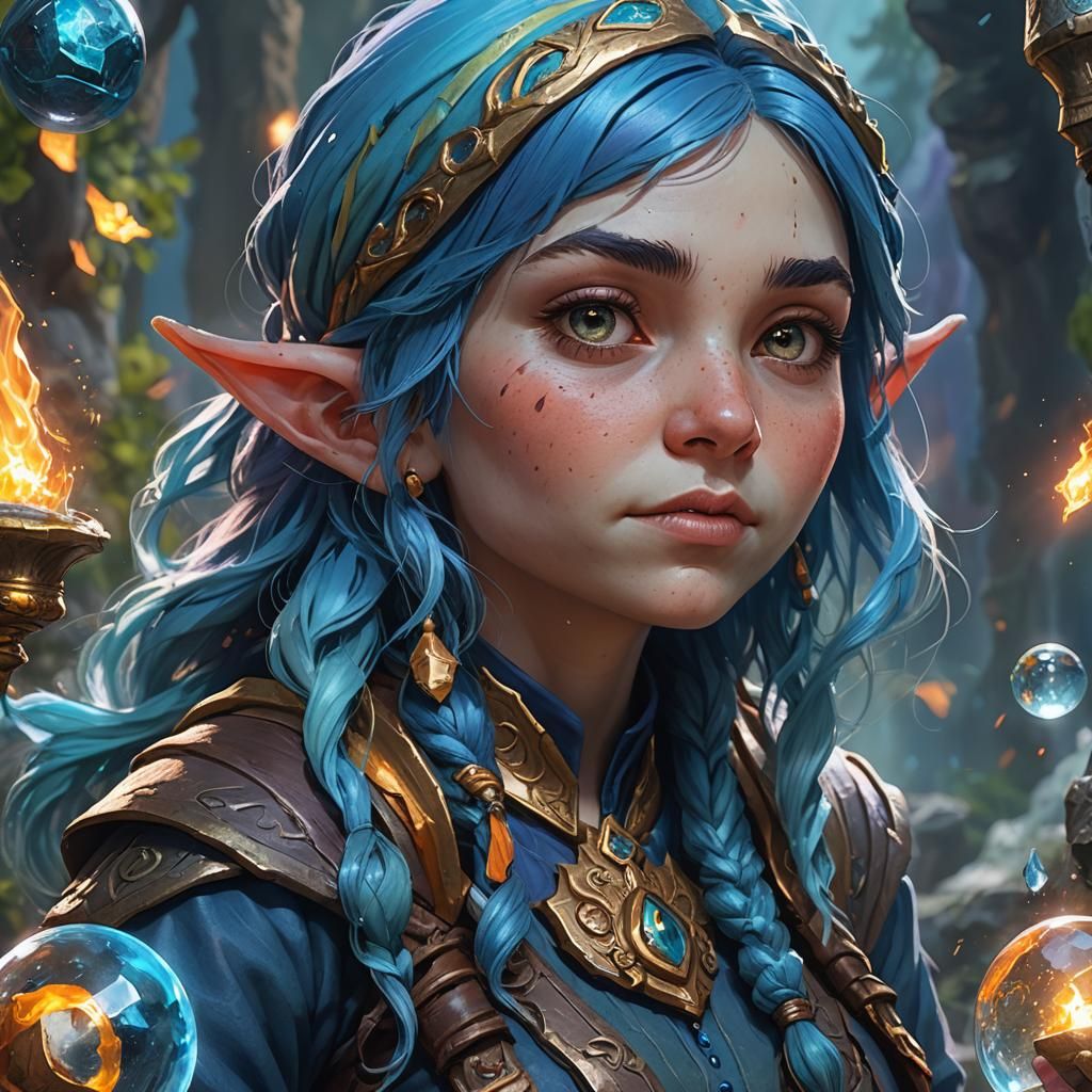 Blue-Haired Gnome Mage in Hyperrealistic Style