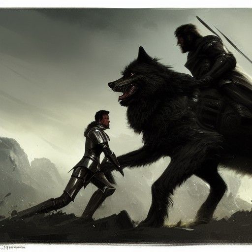 Knight in Black Armor Battles Giant Wolf