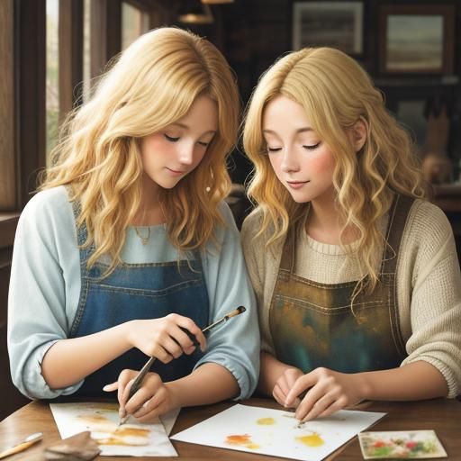 Watercolor Painting of Two Girls Doing Crafts