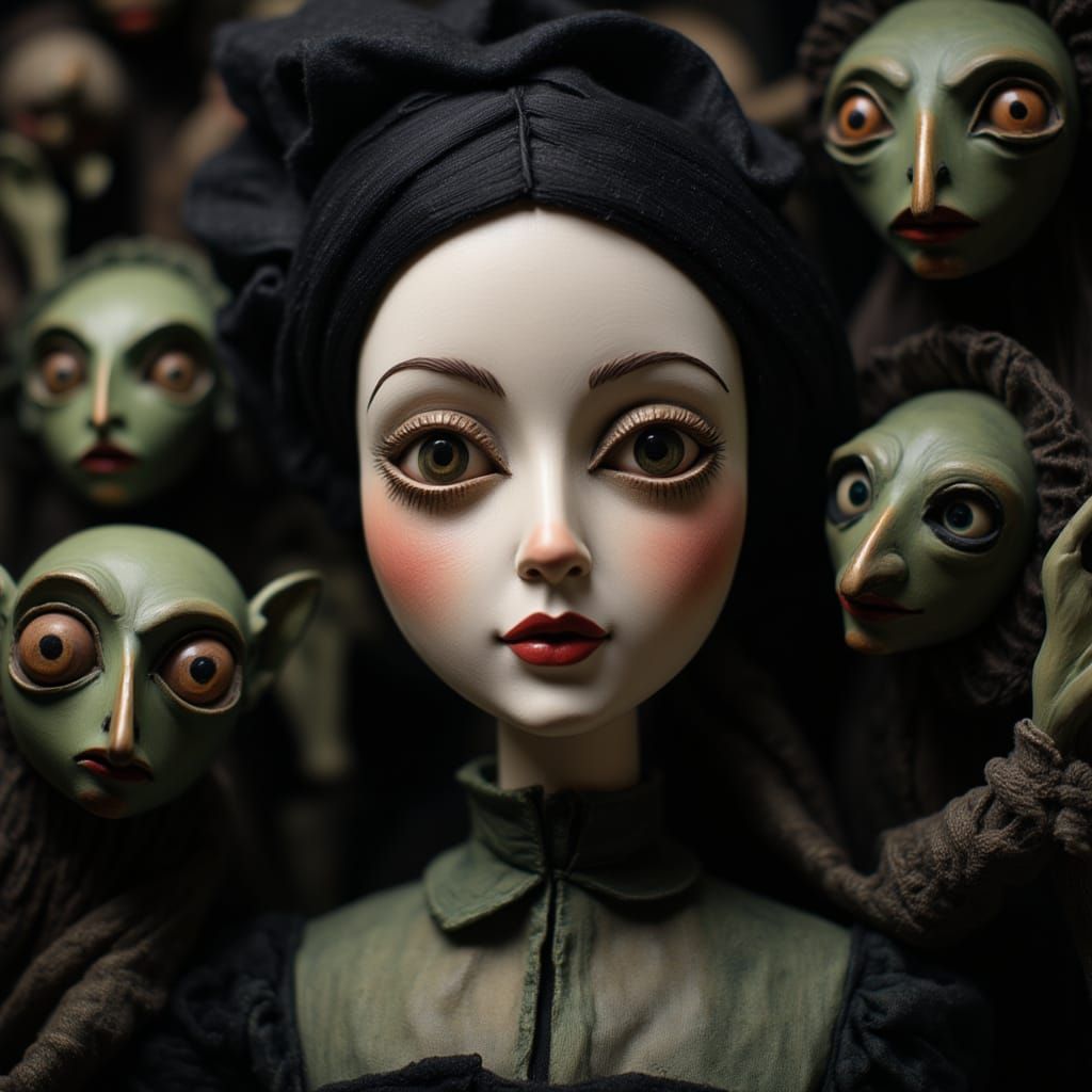 Porcelain Faced Witch with Gremlins, Surreal Halloween