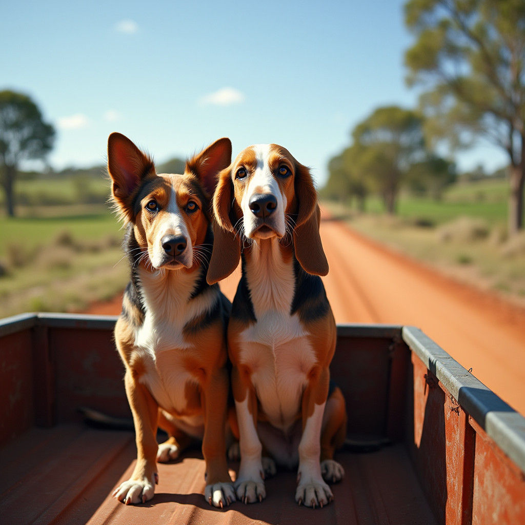 Bassett Hounds on Farm Ute Portrait