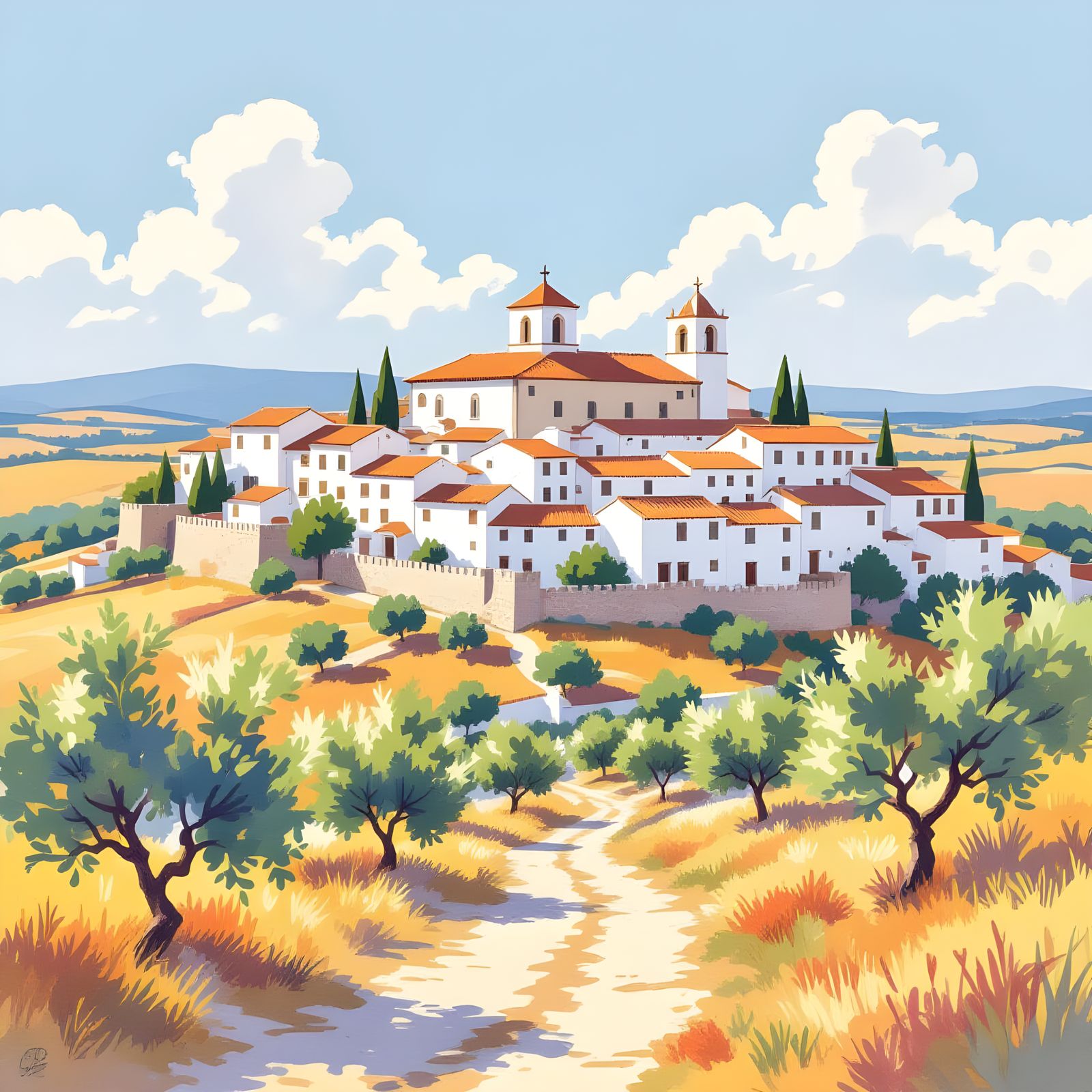 Monsaraz Village in Portugal: Watercolour Painting