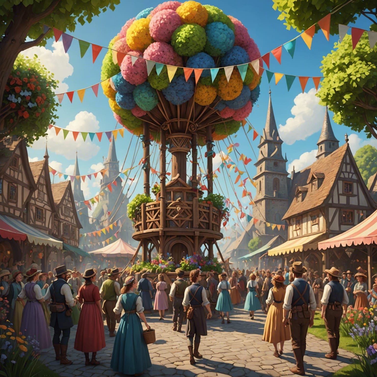 May Day Festival Celebration in Folk Art Style