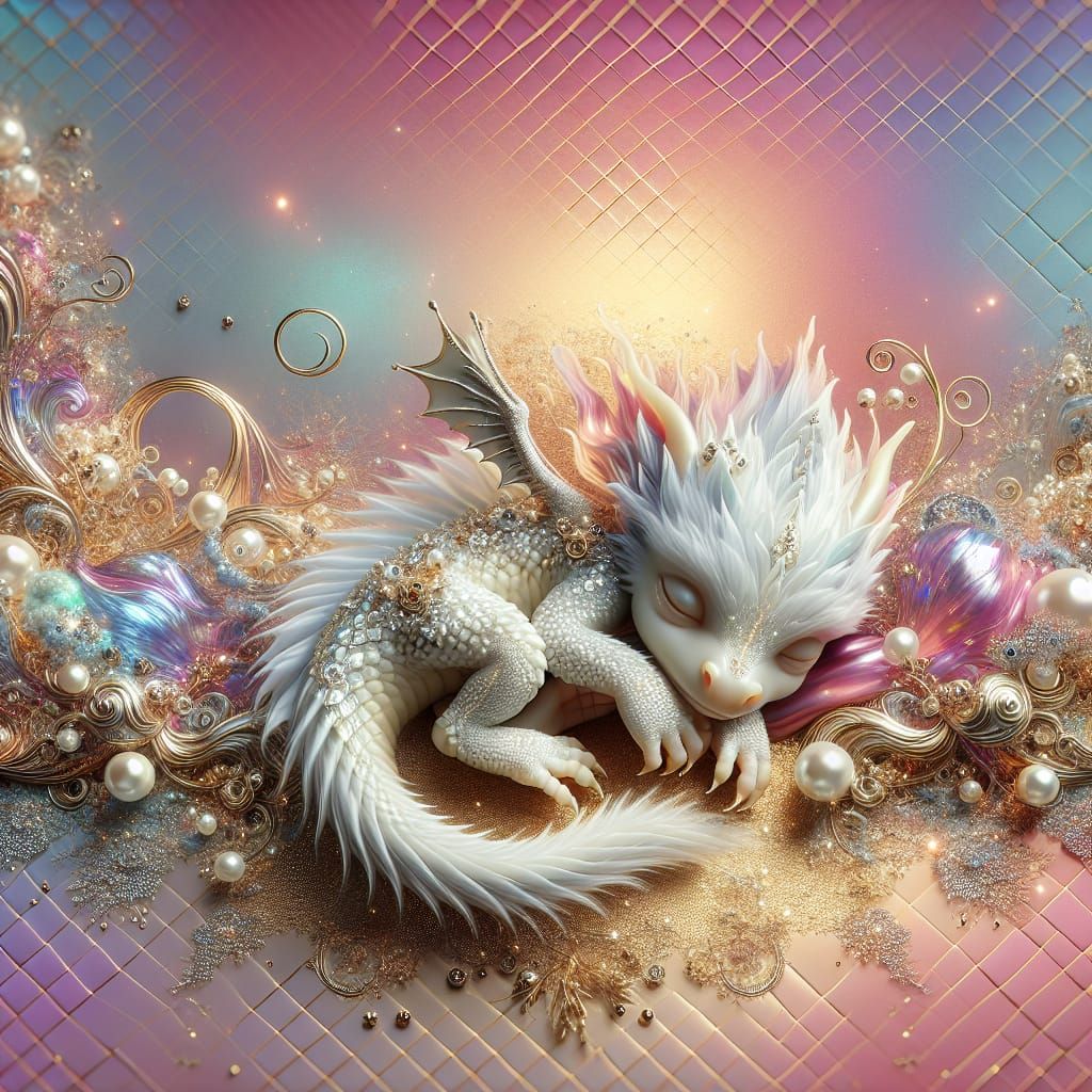 Sleeping White Dragon in Iridescent Dreamscape