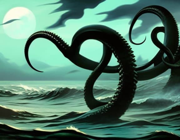 Gothic Kraken Attacks Pirate Ship in Dark Sea