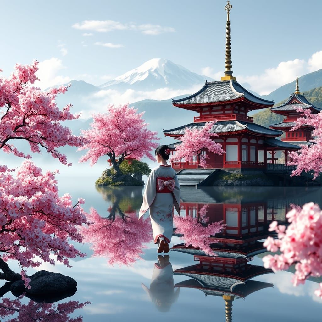 Serene Japanese Princess in Blossoming Sakura Landscape