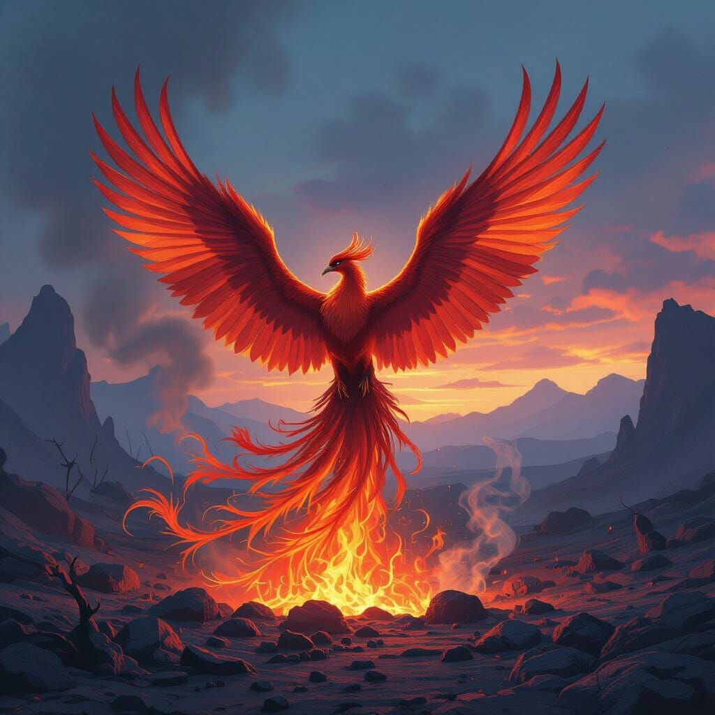 Majestic Phoenix Rises From Volcanic Embers in Fantasy Art S...
