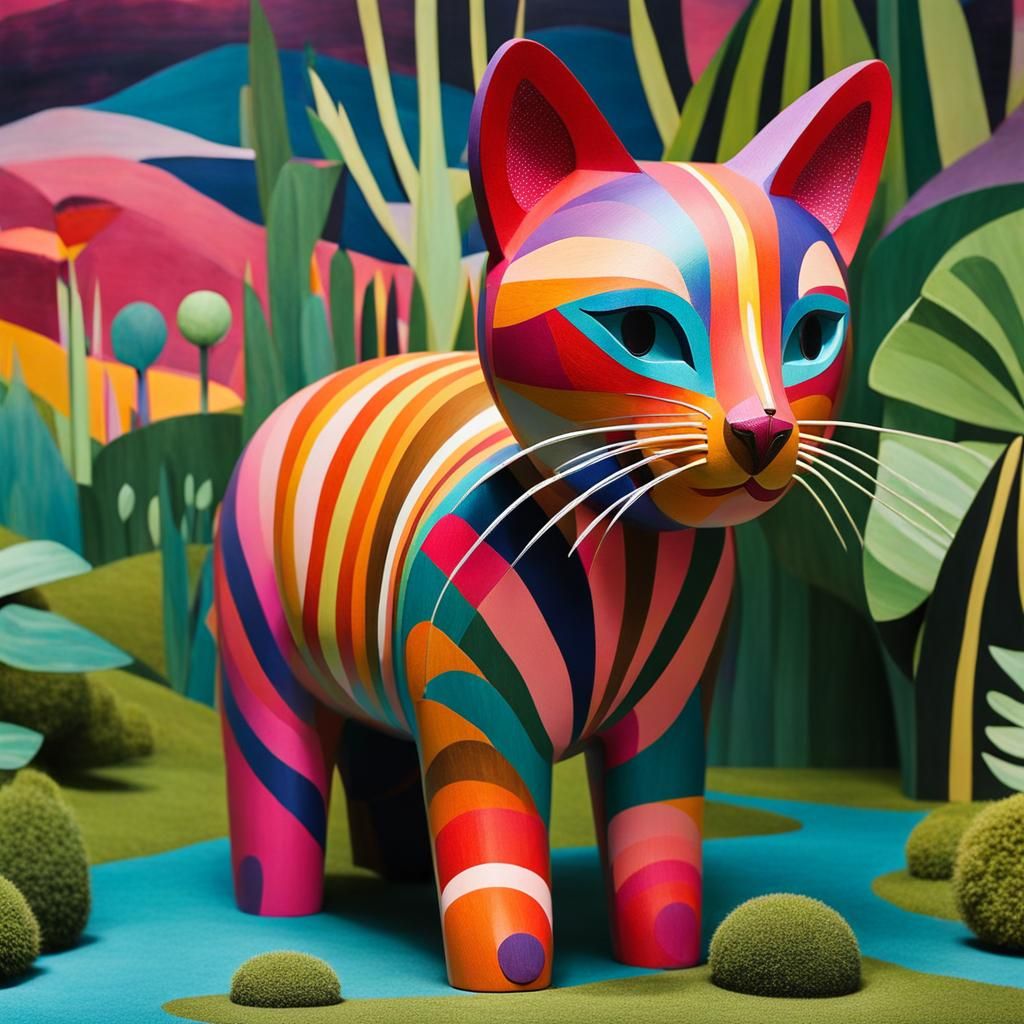Colorful Wooden Cats in Surreal Landscape