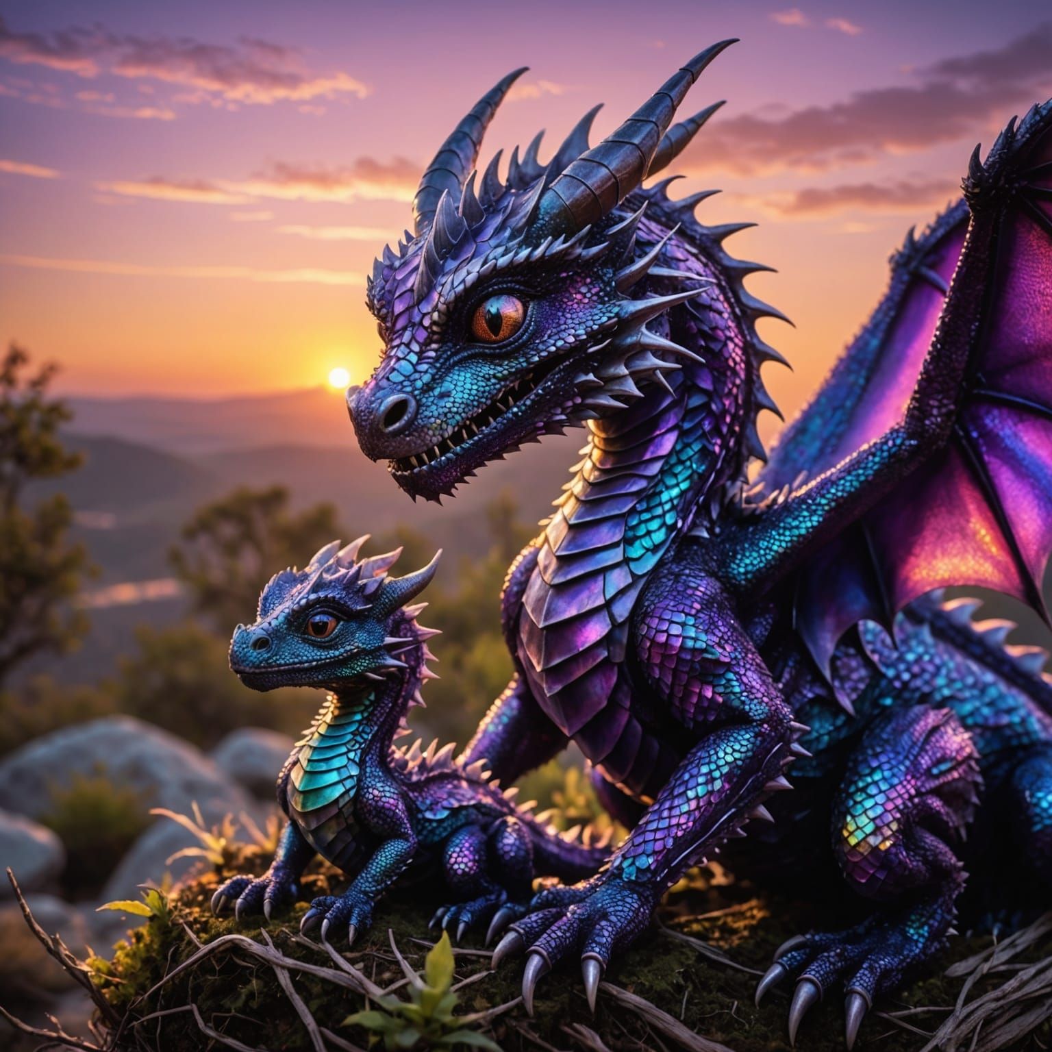 A brand new baby dragon made of holographic purple shades. Looking adoringly at her mother. A sturdy nest where they are...