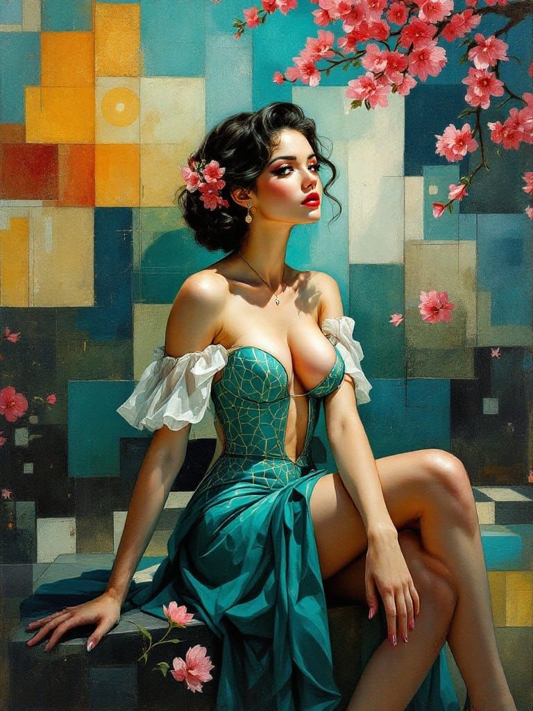 Romantic Pin-Up in Vibrant Turquoise and Gold