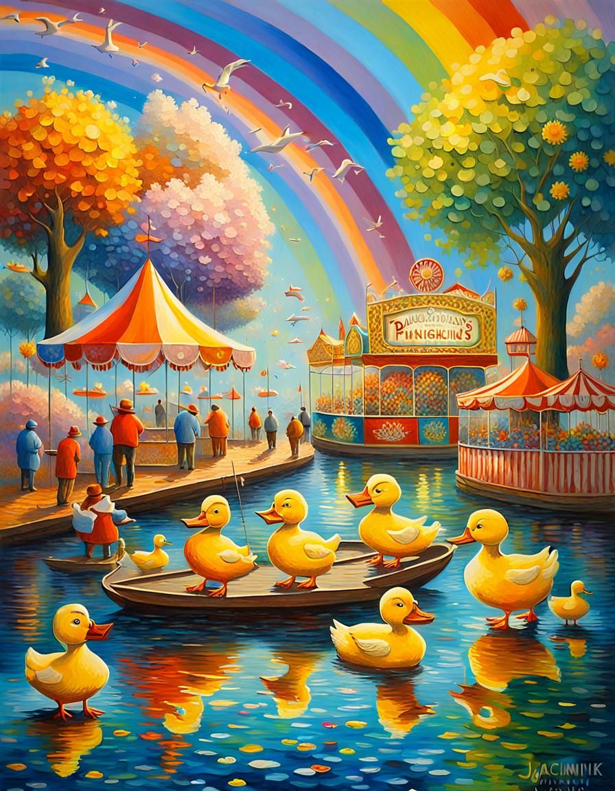 Ducks Fishing at Funfair in Impressionist Style