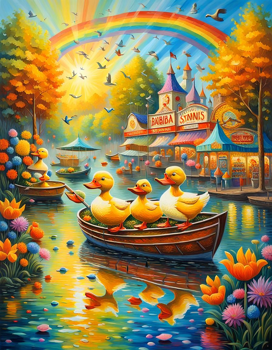 Ducks Fishing at Funfair in Impressionist Style