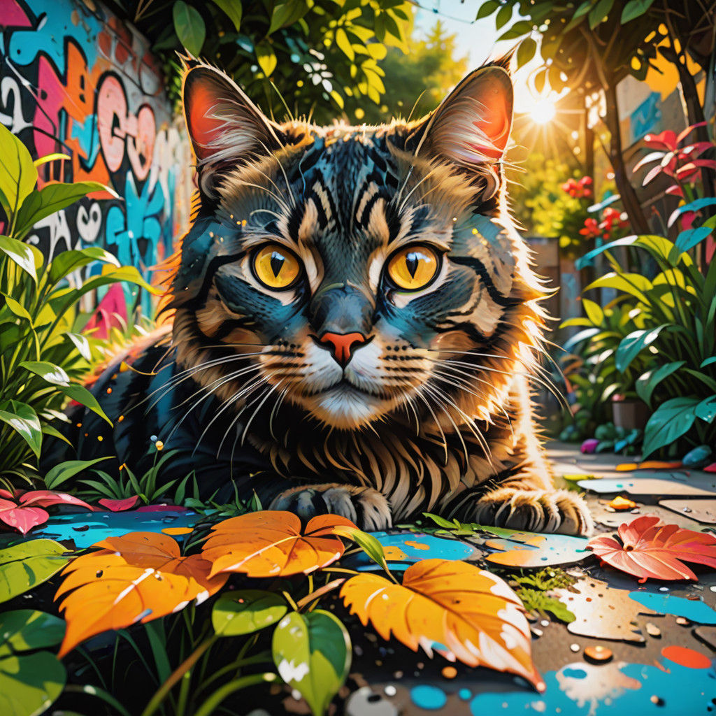 Vibrant Street Art Cat Sneaks Through Garden