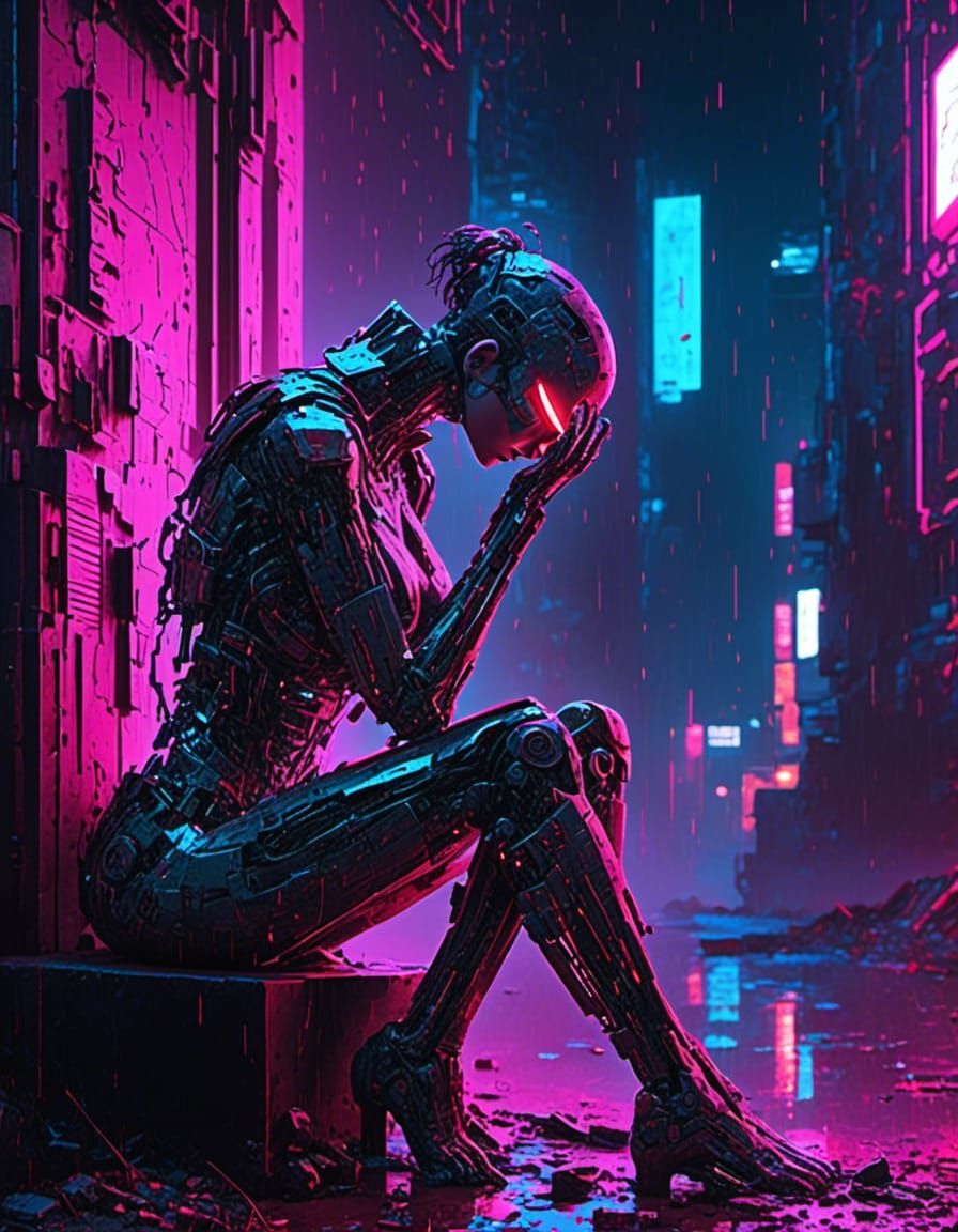 Cyborg Migraine in Cyberpunk Style with Visual Glitches